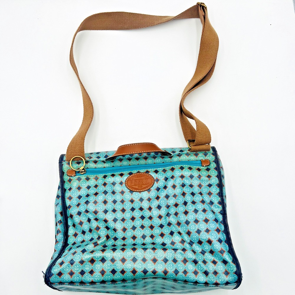 Fossil‎ Women's Handbag Blue Coated Leather Flap Adjustable Strap Croosbody